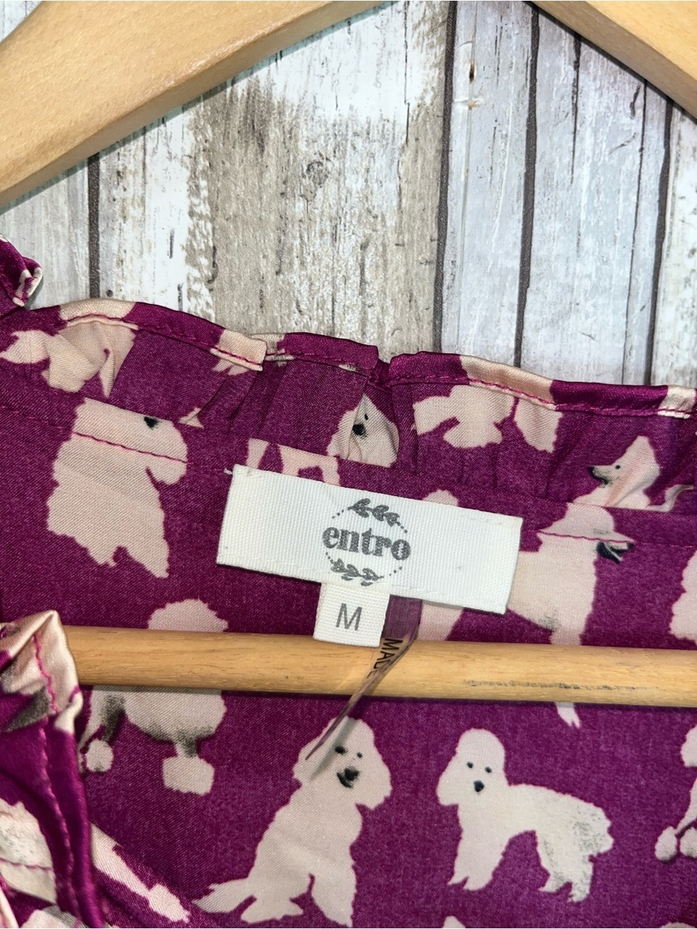 Entro Dog Print Blouse M Pink Poodle Print Flowy Boho Tie Neck Long Sleeve Top - Picture 6 of 6